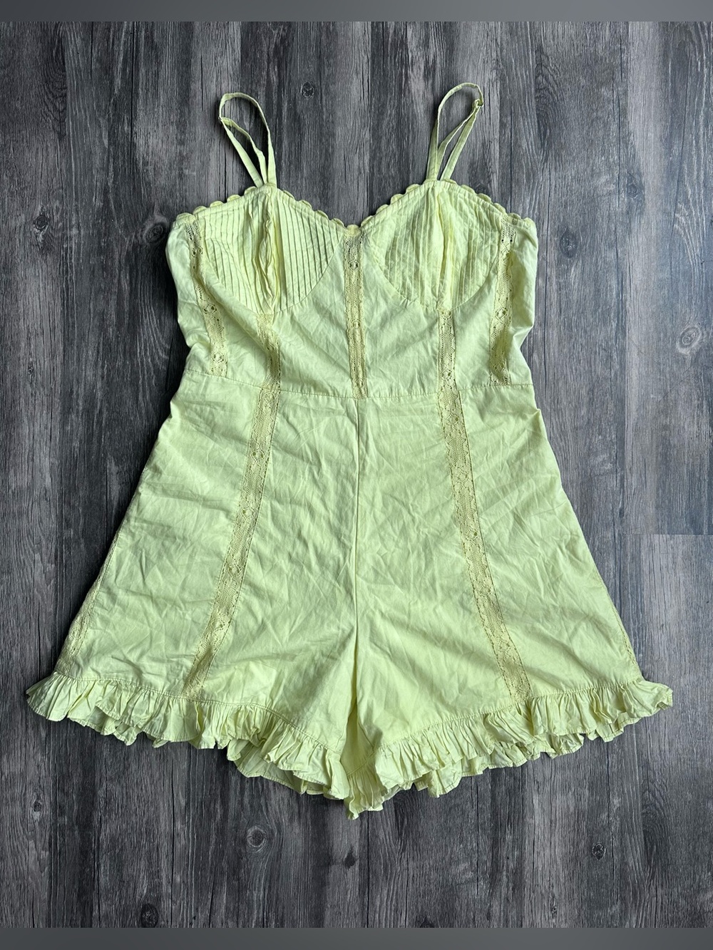 Urban Outfitters Pale Yellow Lace-Trim Romper Chemise